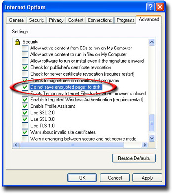 Image of the Advanced tab of the Internet Options dialog box